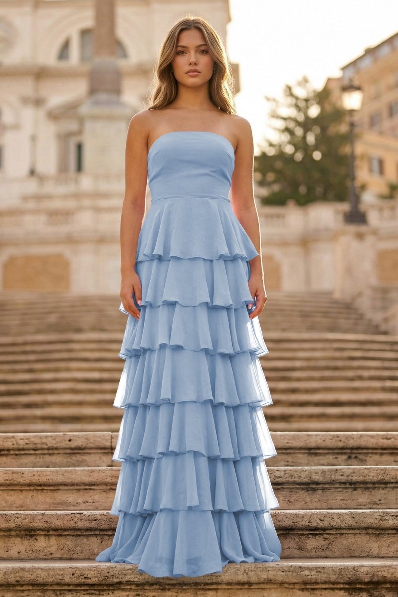 Purple Strapless A Line Chiffon Long Prom Dress With Ruffles