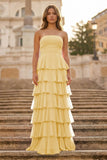 Purple Strapless A Line Chiffon Long Prom Dress With Ruffles