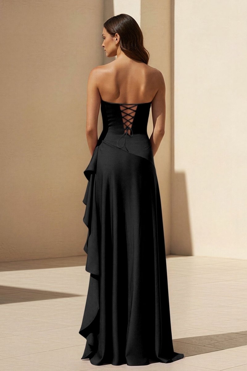 Magenta Strapless A Line High Low Formal Prom Dresses With Ruffles