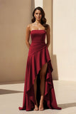 Magenta Strapless A Line High Low Formal Prom Dresses With Ruffles