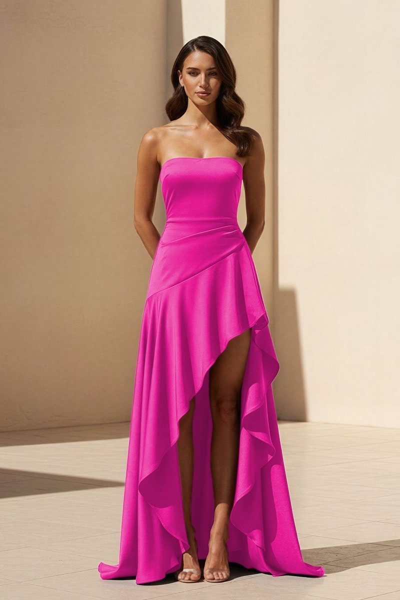 Magenta Strapless A Line High Low Formal Prom Dresses With Ruffles