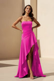 Magenta Strapless A Line High Low Formal Prom Dresses With Ruffles