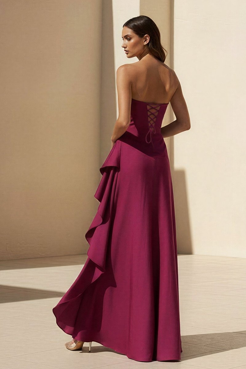 Magenta Strapless A Line High Low Formal Prom Dresses With Ruffles