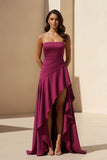Magenta Strapless A Line High Low Formal Prom Dresses With Ruffles