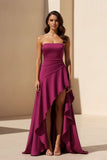 Magenta Strapless A Line High Low Formal Prom Dresses With Ruffles
