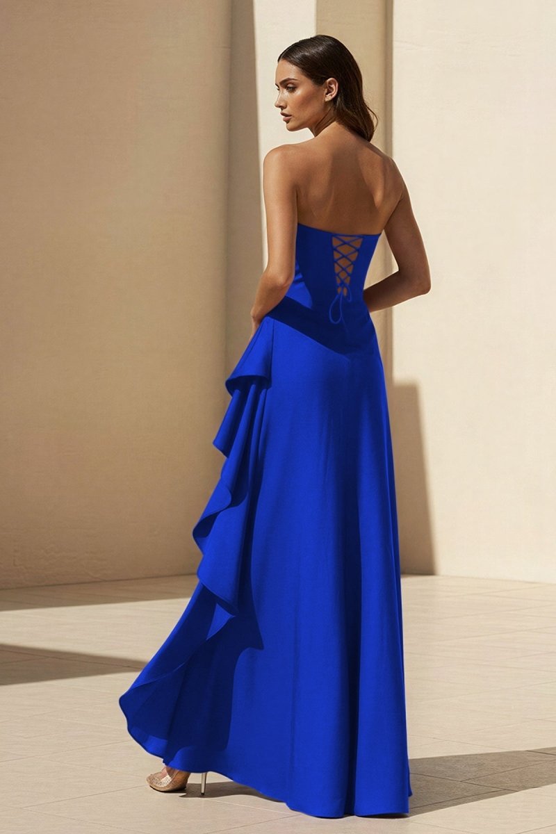 Magenta Strapless A Line High Low Formal Prom Dresses With Ruffles