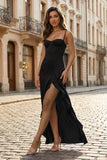 Hot Pink Sheath Spaghetti Straps Long Prom Dresses With Split