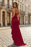 Hot Pink Sheath Spaghetti Straps Long Prom Dresses With Split