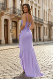 Hot Pink Sheath Spaghetti Straps Long Prom Dresses With Split