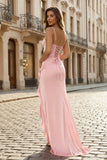 Hot Pink Sheath Spaghetti Straps Long Prom Dresses With Split
