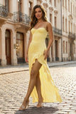 Hot Pink Sheath Spaghetti Straps Long Prom Dresses With Split