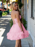 Pink A-Line Sweetheart Ruffle Tulle Homecoming Dress With Appliques