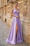 Burgundy V Neck Lace Long Prom Evening Dress with High Slit