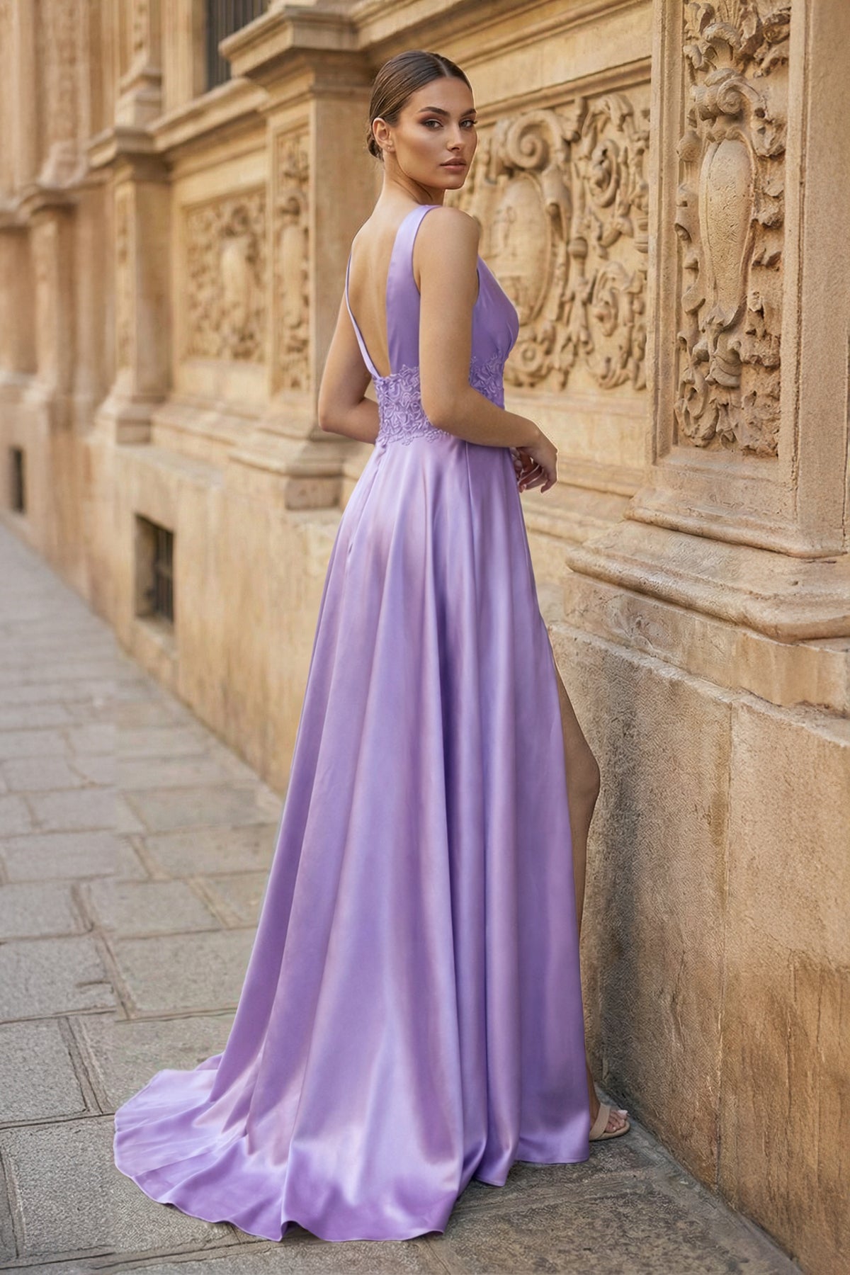 Burgundy V Neck Lace Long Prom Evening Dress with High Slit