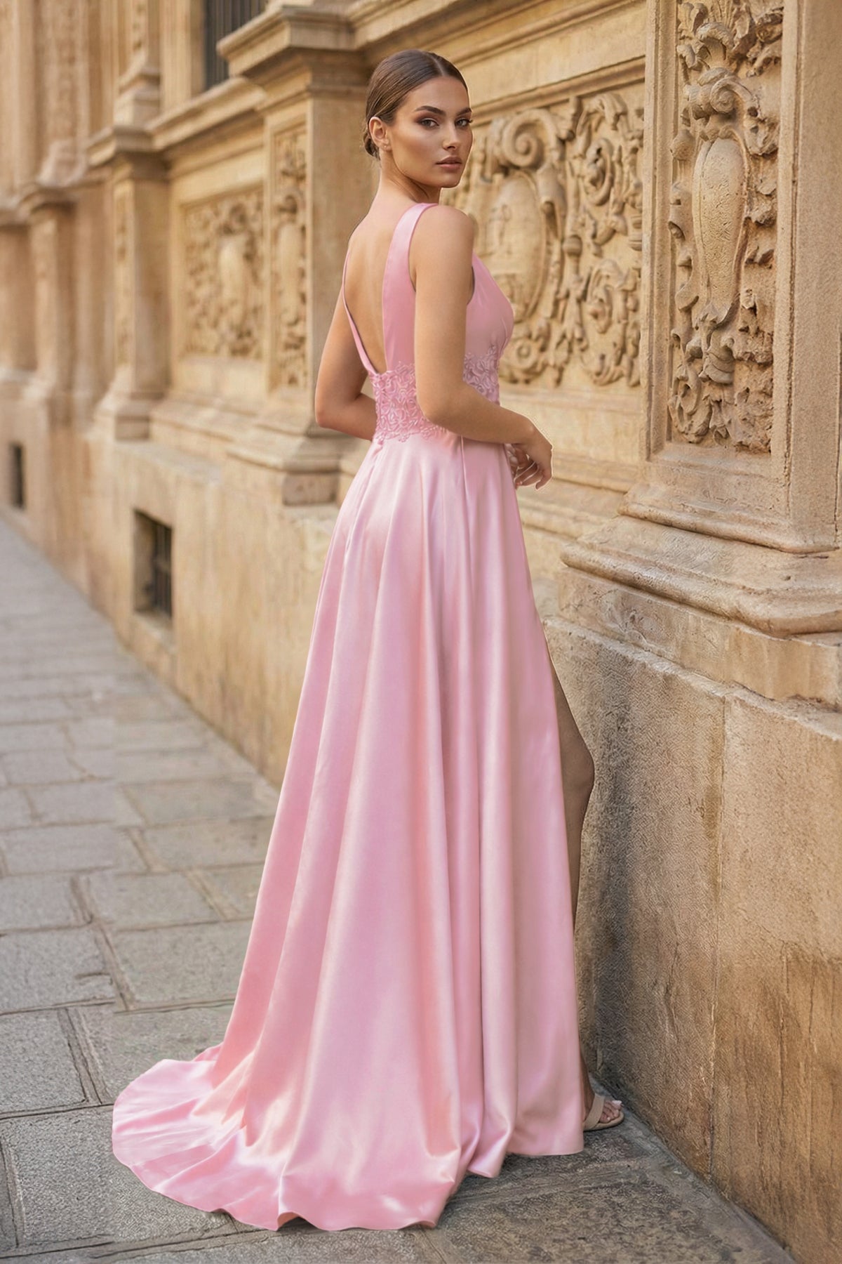 Burgundy V Neck Lace Long Prom Evening Dress with High Slit