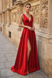 Burgundy V Neck Lace Long Prom Evening Dress with High Slit
