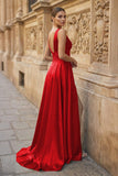 Burgundy V Neck Lace Long Prom Evening Dress with High Slit