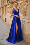 Burgundy V Neck Lace Long Prom Evening Dress with High Slit