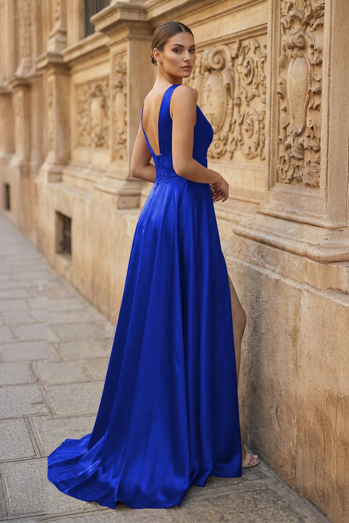 Burgundy V Neck Lace Long Prom Evening Dress with High Slit
