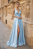 Burgundy V Neck Lace Long Prom Evening Dress with High Slit