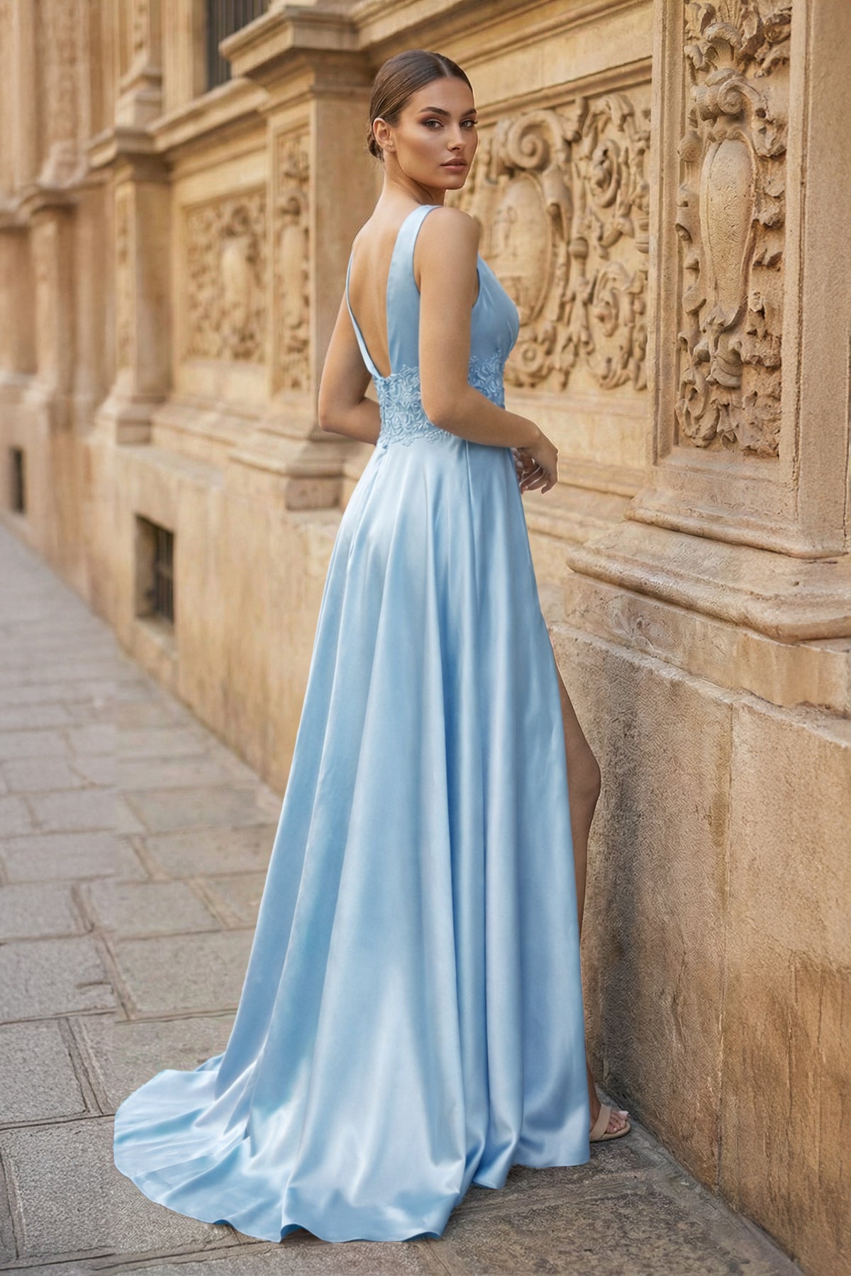 Burgundy V Neck Lace Long Prom Evening Dress with High Slit