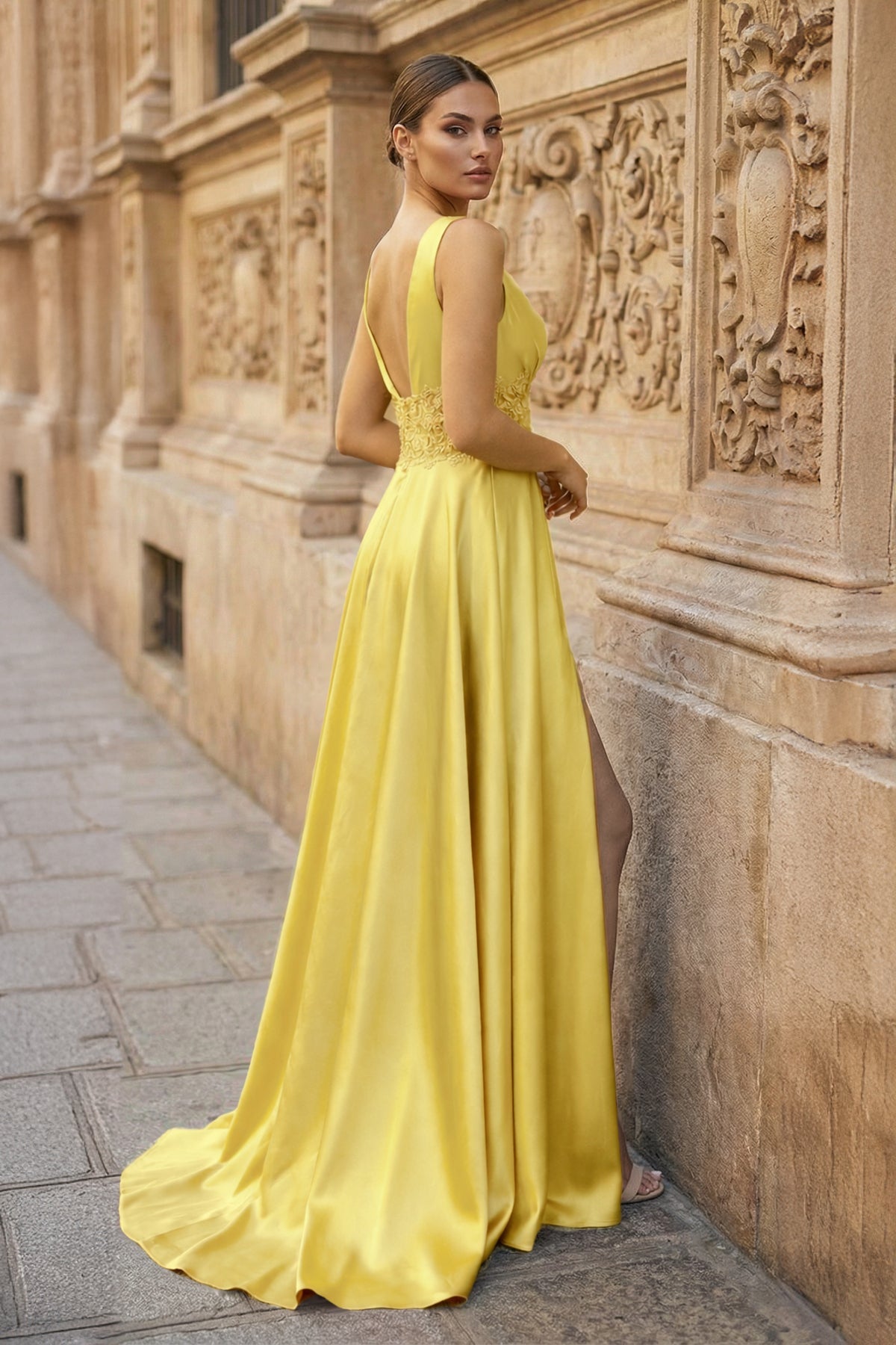 Burgundy V Neck Lace Long Prom Evening Dress with High Slit