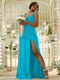 Sheath/Column Polyester Ruched Sweetheart Sleeveless Sweep/Brush Train Bridesmaid Dresses Evening Dress