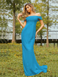 Sheath/Column Jersey Ruched Off-the-Shoulder Sleeveless Sweep/Brush Train Bridesmaid Dresses Evening Dress