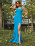 Sheath/Column Jersey Ruffles Straps Sleeveless Sweep/Brush Train Bridesmaid Dresses Evening Dress