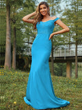 Sheath/Column Stretch Crepe Applique Off-the-Shoulder Sleeveless Sweep/Brush Train Bridesmaid Dresses Evening Dress