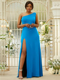 Sheath/Column Jersey Ruffles One-Shoulder Sleeveless Sweep/Brush Train Bridesmaid Dresses Evening Dress