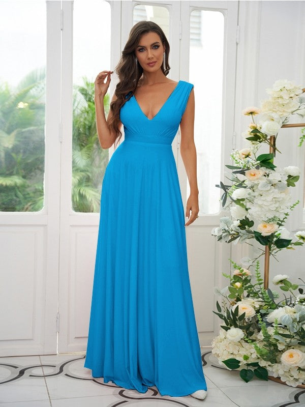 A-Line/Princess Jersey Ruffles V-neck Sleeveless Floor-Length Bridesmaid Dresses Evening Prom Dress