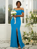 Sheath/Column Jersey Ruffles Off-the-Shoulder Sleeveless Sweep/Brush Train Bridesmaid Dresses Evening Dress