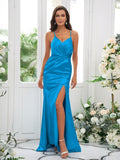 Sheath/Column Silk like Satin Ruched Spaghetti Straps Sleeveless Sweep/Brush Train Bridesmaid Dresses Evening Dress