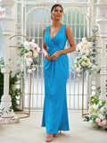 Sheath/Column Jersey Ruched V-neck Sleeveless Floor-Length Bridesmaid Dresses Evening Dress