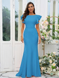 Sheath/Column Stretch Crepe Ruffles Scoop Short Sleeves Sweep/Brush Train Bridesmaid Dresses Evening Dress