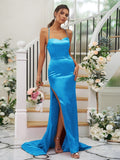 Sheath/Column Silk like Satin Ruched Square Sleeveless Sweep/Brush Train Bridesmaid Dresses Evening Dress