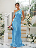 Sheath/Column Sequins Ruched One-Shoulder Sleeveless Sweep/Brush Train Bridesmaid Dresses Evening Dress