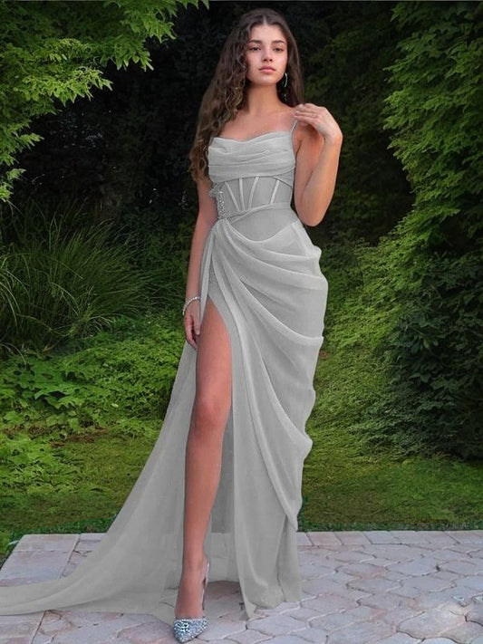 Vestido de noche de fiesta con escote tubo/columna, organza, fruncido, tirantes finos, sin mangas, con cola larga