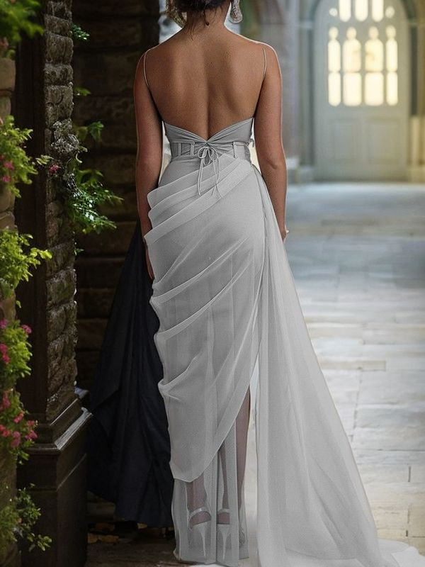 Vestido de noche de fiesta con escote tubo/columna, organza, fruncido, tirantes finos, sin mangas, con cola larga