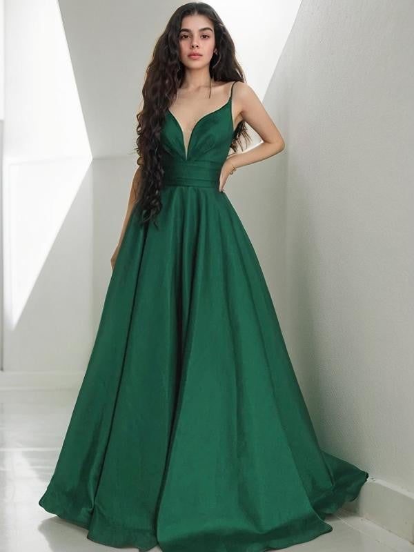 Vestido de noche de graduación de corte A/princesa, de satén, fruncido, escote en V, sin mangas, con cola larga