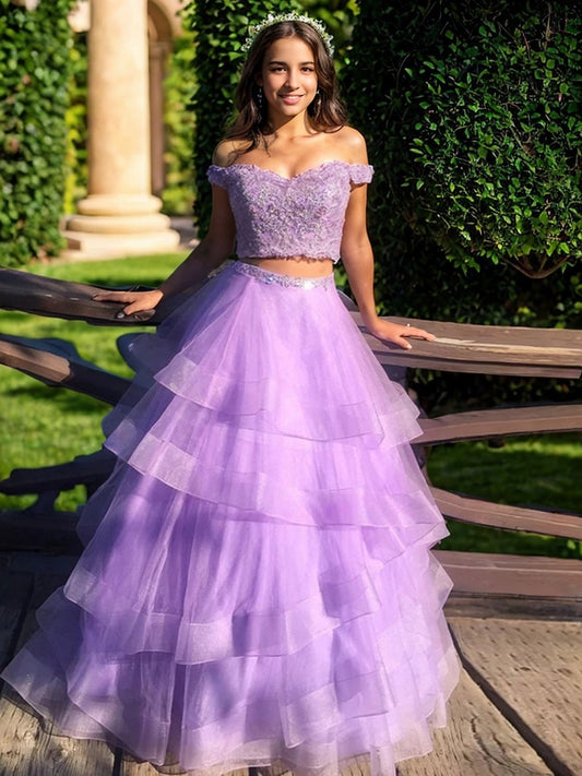 Vestido de noche de graduación de dos piezas, corte A/princesa, de tul, con capas, hombros descubiertos, sin mangas y largo hasta el suelo