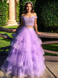 Vestido de noche de graduación de dos piezas, corte A/princesa, de tul, con capas, hombros descubiertos, sin mangas y largo hasta el suelo