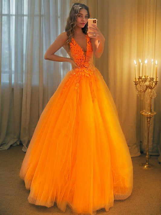 Vestido de fiesta de tul con apliques, escote en V, sin mangas, largo hasta el suelo, para fiesta de graduación, noche, quinceañera