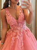 Ballkleid Tüll Applikation V-Ausschnitt Ärmellos Bodenlang Kleider Abschlussball Abendkleid Quinceanera Ballkleider