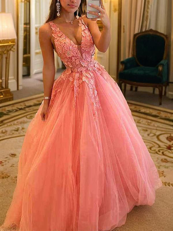 Ballkleid Tüll Applikation V-Ausschnitt Ärmellos Bodenlang Kleider Abschlussball Abendkleid Quinceanera Ballkleider