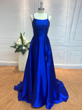 A-Line/Princess Silk like Satin Ruffles Spaghetti Straps Sleeveless Sweep/Brush Train Dresses Prom Evening Dress
