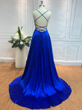 A-Line/Princess Silk like Satin Ruffles Spaghetti Straps Sleeveless Sweep/Brush Train Dresses Prom Evening Dress