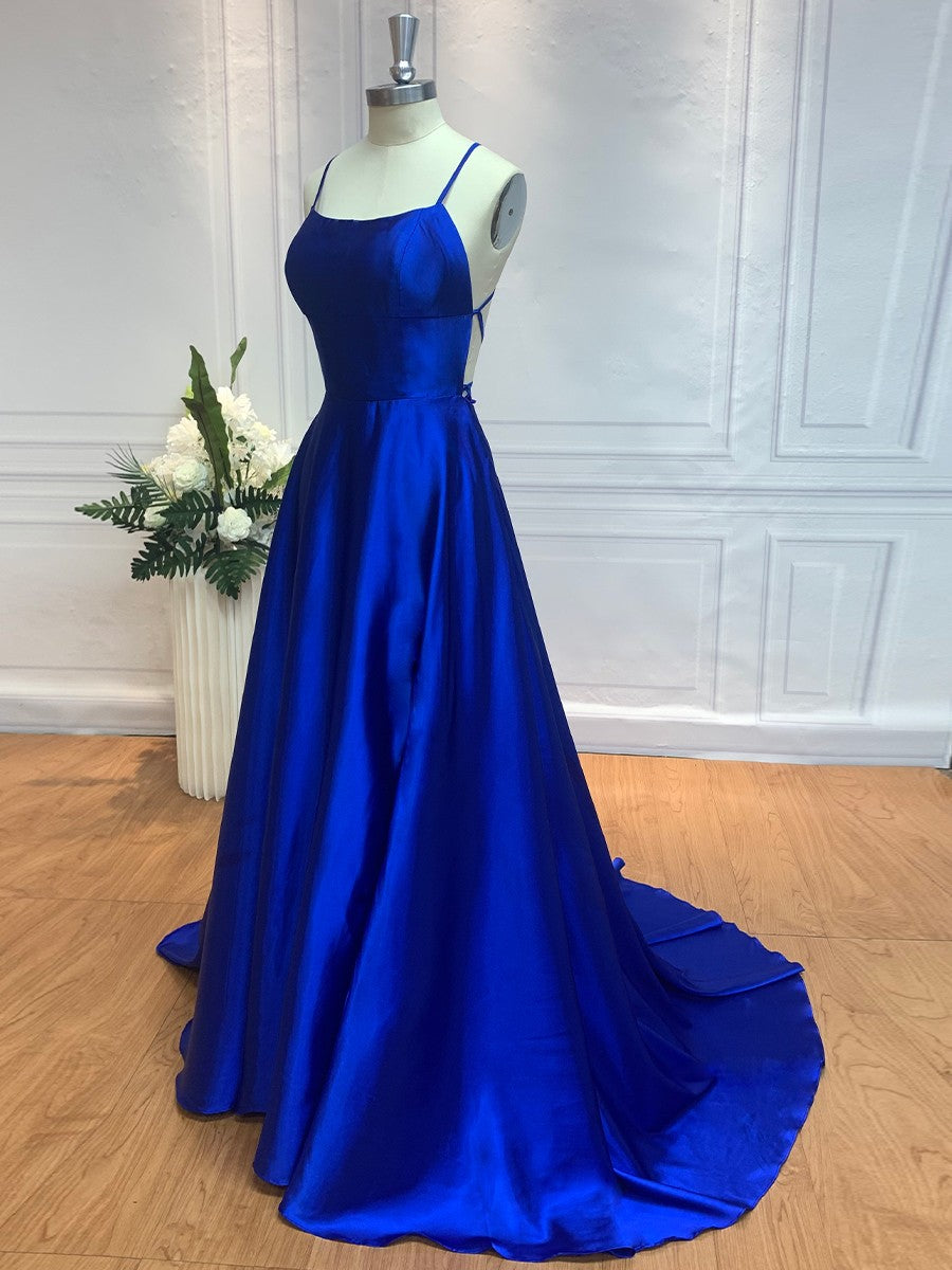 A-Line/Princess Silk like Satin Ruffles Spaghetti Straps Sleeveless Sweep/Brush Train Dresses Prom Evening Dress