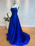 A-Line/Princess Silk like Satin Ruffles Spaghetti Straps Sleeveless Sweep/Brush Train Dresses Prom Evening Dress